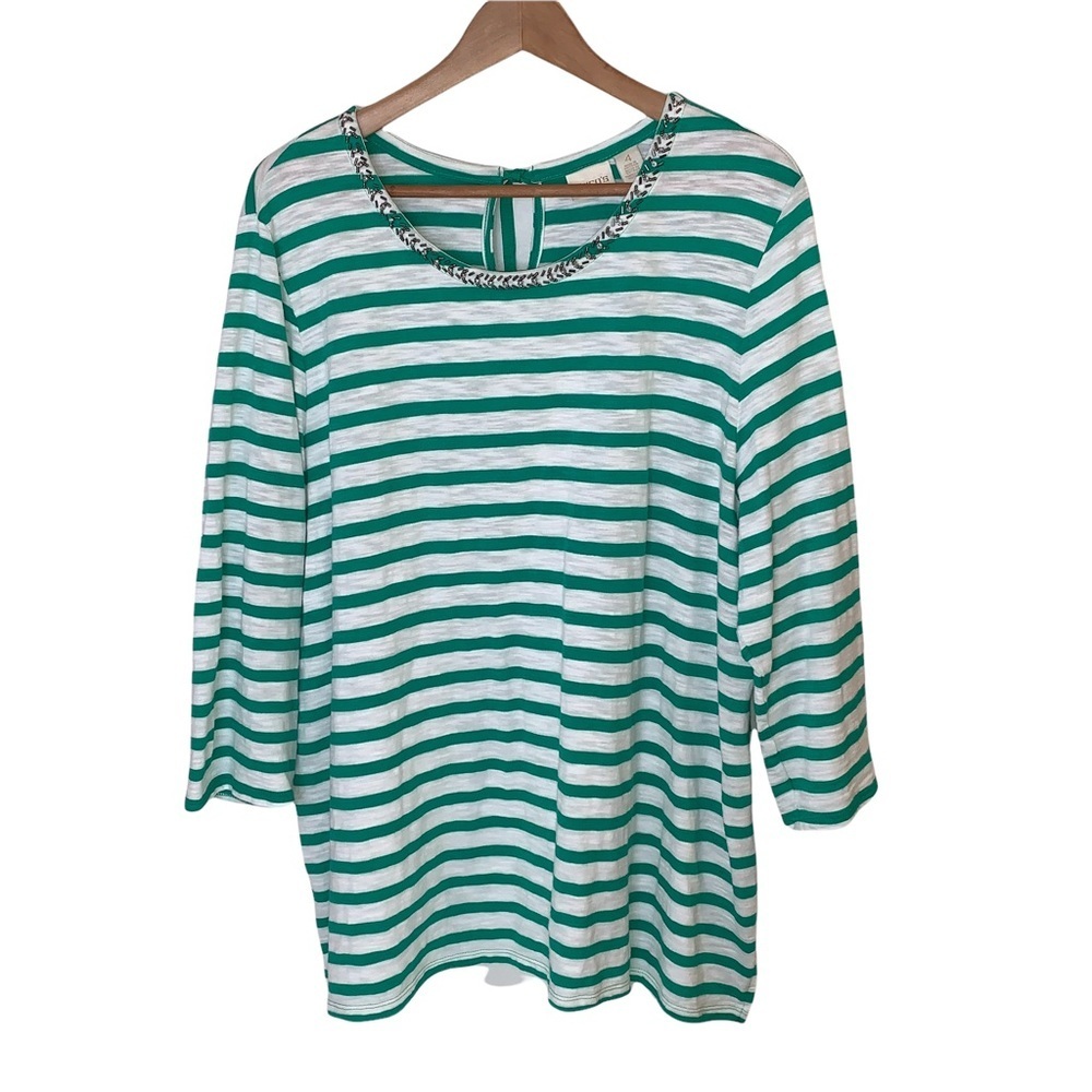 # Chico’s Green & White Striped 3/4 Sleeve XXL Tunic Top